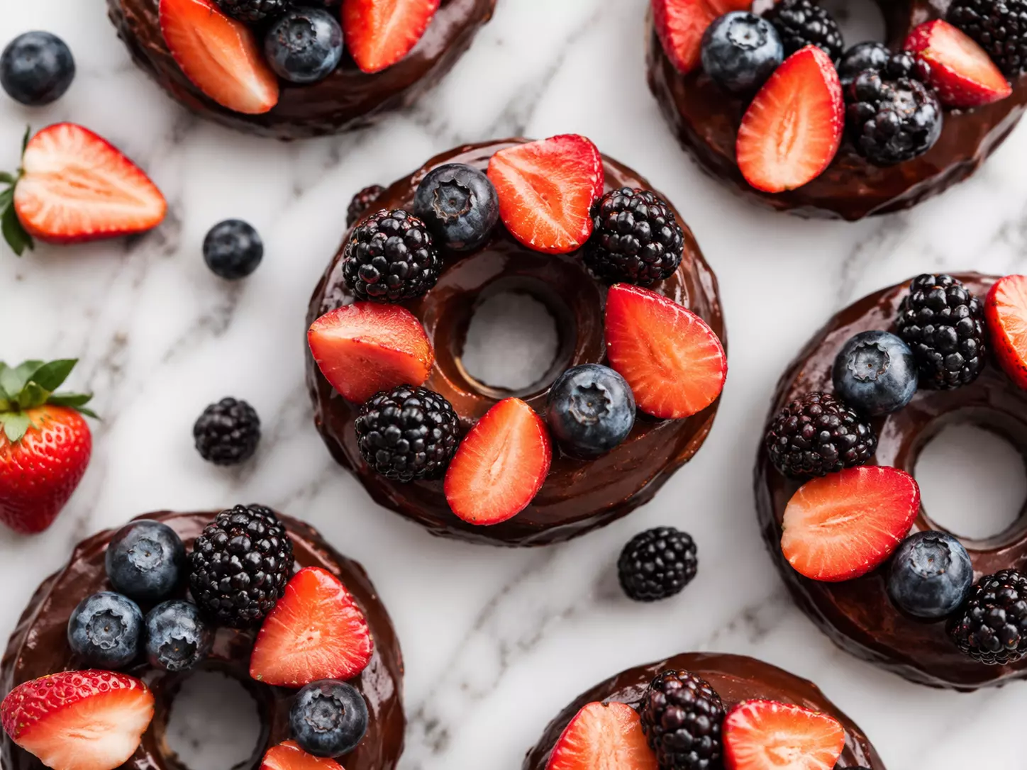 Fruit Donuts de morango, mirtilo e amora cobertos de chocolate